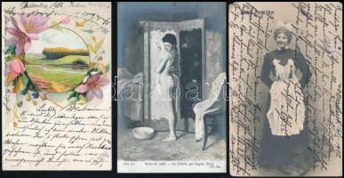 37 db főleg régi motívumlap: romantikus szerelmespáros lapok, folklór és művészlapok, hölgyek, színé...