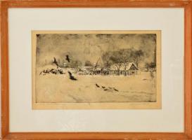 Csergezán Pál (1924-1996): Téli faluhatár. Rézkarc, papír, jelzett, üvegezett keretben, 18×33 cm