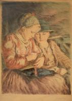 Glatz Oszkár(1872-1958)-Prihoda István (1891-1956): Betűvetés, színezett rézkarc, papír, jelzett, üvegezett keretben, 34,5×25,5 cm