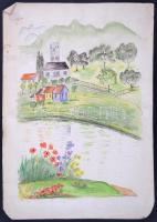 Mannheim Róza (1880-1965): Házak a folyó parton. Akvarell, papír, jelzés nélkül, gyűrött, 43×30 cm