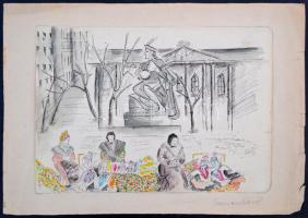 Mannheim Róza (1880-1965): Corvin áruháznál. Akvarell, papír, jelzés nélkül, apró szakadással, 24×34...