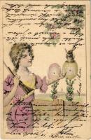 1903 Easter greeting art postcard, lady with gun and rabbit