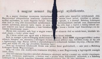 1849 A Magyar Nemzet Függetlenségi Nyilatkozata. Folio. A magyar forradalom és szabadságharc alatt a...
