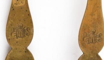 Festett kerámia nyeles réz villa (2 db), jelzett, h:16 cm