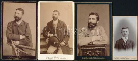 cca 1900 Régi portrék, 4 db vizitkártya méretű fotó komáromi, esztergomi és szegedi műtermekből (Mager Ottó, Beszédes Sámuel, Lintner Ferenc), különböző méretben
