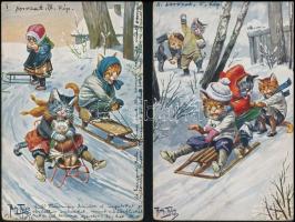 6 db régi kutyás és macskás művészlap Arthur Thiele és R. Pick szignókkal; téli sport, szánkózó macs...