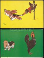 6 db régi kutyás és macskás művészlap Arthur Thiele és R. Pick szignókkal; téli sport, szánkózó macs...
