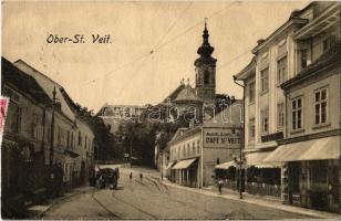 1928 Vienna, Wien, Bécs XIII. Ober-Sankt-Veit, Kirche, Cafe St. Veit, Conditorei / street, church, cafe shop, confectionery  (EK)