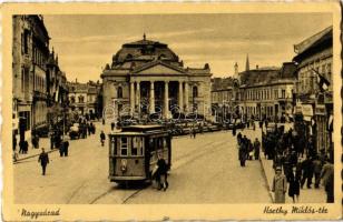 Nagyvárad, Oradea; Horthy Miklós tér, 15-ös villamos, színház, üzletek, magyar zászló / square, tram, theatre, shops, Hungarian flag (Rb)