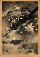 Heinkel-Kampfflugzeuge stossen durch das Sperrfeuer englischer Flakbatterien / WWII German military aircrafts s: R. Hess + 1940Nagybánya visszatért So. Stpl (fa)
