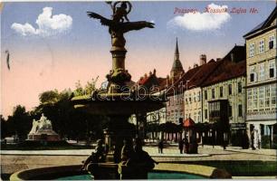 Pozsony, Pressburg, Bratislava; Kossuth Lajos tér, szökőkút, Központi sörcsarnok / square, fountain, beer hall