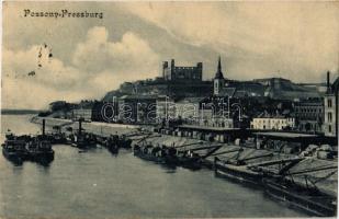 1915 Pozsony, Pressburg, Bratislava; rakpart hajókkal, vár. Sudek Antal kiadása / quay with ships, castle