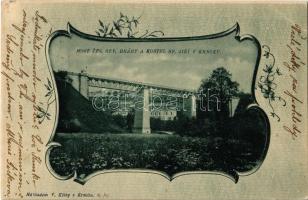 1902 Krnsko, Most Ces. Sev. Dráhy a Kostel Sv. Jirí / railway bridge, viaduct, church. Art Nouveau, floral (EK)