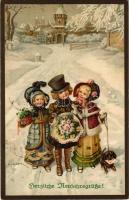 1917 Herzliche Neujahrsgrüsse! / New Year greeting art postcard with children. M. Munk Wien Nr. 962. litho s: H. Schubert