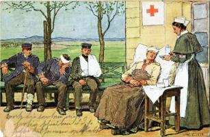 WWI German military art postcard, unjired soldiers and Red Cross nurse. Rotes Kreuz Königreich Sachsen s: W. Claudius (EM)