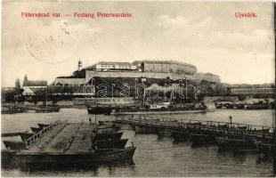 Újvidék, Novi Sad; Pétervárad vára, hajóhíd, gőzhajó, uszályok. Urbán Ignác kiadása / Petrovaradin castle, pontoon bridge, steamship, barges