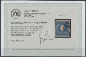 15kr II. sötétkék, enyhe gépszínátnyomattal "FI(UME)" Certificate: Steiner 15kr II. deep b...