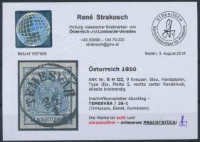 9kr HP IIIa, 5th plate,  margin print  "TEMESVÁR" Certificate: Strakosch 9kr HP IIIa, 5. l...