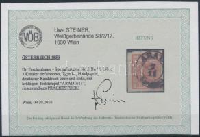 3kr HP I 1. lemez, világos cinóberpiros, ívszéli / ívsarki nyomat "ARAD" Certificate: Stei...