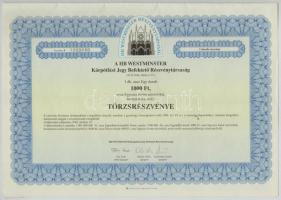 Göd 1994-1995. "HB Westminster Kárpótlási Jegy Befektető Részvénytársaság" részvénye 1000Ft-ról (3x) sorszámkövetők T:II