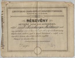 Budapest 1894. Lipótvárosi Casino-Épület Részvénytársaság névre szóló részvénye 200K-ról (2x) sorszámkövetők, szelvényekkel, szárazpecséttel T:III