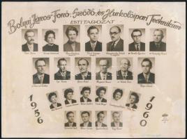 1960 Bolyai János Fonó-, Szövő-, és Hurkolóipari Technikum tanárai és végzett hallgatói, kistabló nevesített portrékkal, felületén kopásnyomok, foltok, 18x24 cm
