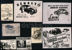 Régi automobilok reklám grafikái fotópapíron (8 db), Fekete György (1904-1990) budapesti fényképész hagyatékából, 9x12 cm és 4x6,5 cm között