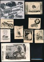 Régi motorkerékpárok reklám grafikái fotópapíron (9 db) + 1 db vintage negatív, amely nincs összefüggésben a papírképekkel, Fekete György (1904-1990) budapesti fényképész hagyatékából, 9x14 cm és 4,5x6,5 cm között