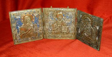 Dekoratív 3 táblás közepes nagyságú, zománcozott, réz ikon