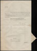 1927 Kormányfőtanácsosi oklevél Janits Imrének, a közjegyző kamara elnökének, Bethlen István miniszterelnök saját kezű aláírásával.
