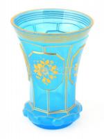 Csiszolt, kék opálüveg kis váza, kézzel festett, apró kopásokkal, m: 12,5 cm
