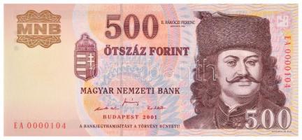 2001. 500Ft EA 0000104 alacsony sorszám T:I / Hungary 2001. 500 Forint EA 0000104 low serial number C:UNC Adamo F54A