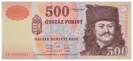 1998. 500Ft EA 0000021 alacsony sorszám! T:I / Hungary 1998. 500 Forint EA 0000021 low serial number! C:UNC Adamo F54