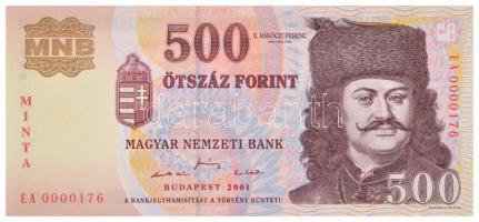 2001. 500Ft "MINTA" felülnyomással, "EA 0000176" sorszámmal T:I / Hungary 2001. 500 Forint with "MINTA" overprint, and "EA 0000176" serial number C:UNC Adamo F54AM2