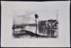 Ducsay Béla(1893-1967): Váci Dunapánál.. Szén, papír, jelzett, hagyatéki bélyegzővel, papírra ragasz...