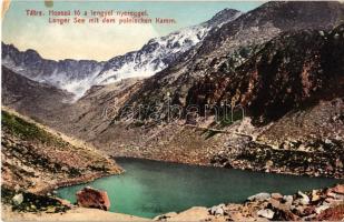 Tátra, Magas Tátra, Vysoké Tatry; Hosszú tó, Lengyel nyereg. Kiadja Cattarino S. utóda Fölfes Samu 6. sz. / Langer See, Polnischer Kamm / Dlhé pleso, Polsky hreben (EK)