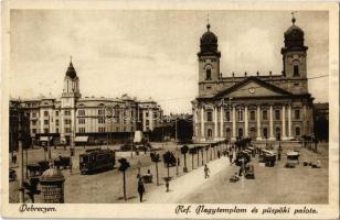Debrecen, Református Nagytemplom, Püspöki palota, villamos, piac, hirdetőoszlop