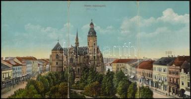 Kassa, Kosice; Székesegyház, Vizy Domokos, Fleischer és Schirger üzlete. 3-részes kinyitható panorámalap / cathedral, shops. 3-tiled folding panoramacard (Rb)