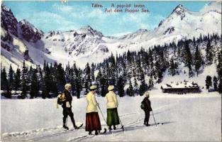 Tátra, Vysoké Tatry; télen a befagyott Poprádi-tavon, síelők. Cattarino S. utóda Földes Samu kiadása / winter sport, skiers on the frozen Popradske pleso lake