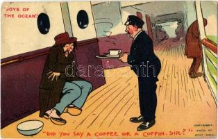 Joys of the ocean. Did you say a coffee or a coffin, Sir? Davidson Bros Pictorial Post Cards Serie 2642-4. s: Tom Browne (EK)