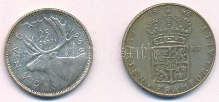 Vegyes: Svédország 1963U 1K Ag + Kanada 1968. 25c Ag T:2,2-  Mixed: Sweden 1963U 1 Krona Ag + Canada 1968. 25 Cents Ag C:XF,VF