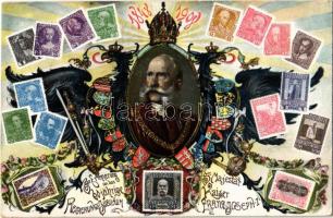 848-1908 Ferenc József uralkodásának 60. évfordulója, bélyeges és címeres szecessziós jubileumi lap / Franz Josephs 60th anniversary of reign. stamps and coat of arms, Art Nouveau