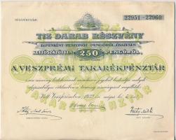 Veszprém 1932. Veszprémi Takarékpénztár részvénye 250P-ről, szelvényekkel és szárazpecséttel T:II
