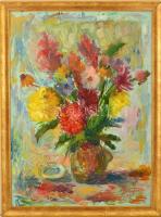 Biró Ferenc (1921-2001): Virágcsendélet, olaj, farost, jelzett, fa keretben, 68,5×49 cm