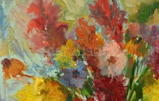 Biró Ferenc (1921-2001): Virágcsendélet, olaj, farost, jelzett, fa keretben, 68,5×49 cm