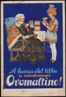 cca 1930 A hosszú élet titka a mindennapi Ovomaltine - reklámterv, hátoldalon a Globus Nyomda pecsétjével, kis szakadásokkal, 26×18 cm