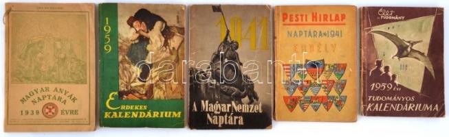 1939-1959 5 db régi kalendárium, Pesti Hírlap Naptára 1941 Erdély, Magyar Anyák Naptára 1939, Magyar Nemzet Naptára 1941, 1959 Érdekes Kalendárium, 1959 Tudományos Kalendárium. Változó állapotban.