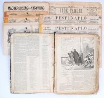1862-1914 Vegyes folyóirat tétel, 14 db. Közte 3 db Vasárnapi Újság, 3 db Pesti Napló, 1 db Idők Tanúja, Magyarország és a Nagyvilág 1 száma, valamint 6 száma, bekötve, szakadozott, széteső állapotban, közte 2 hiányos számmal. Változó állapotban, közte ragasztottak, szakadtak, a vászon mappa viseltes, sérült.