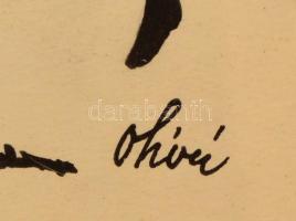 Olivér jelzéssel: Etikett, tus, papír, üvegezett fa keretben, 29×21 cm