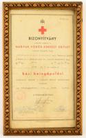 1942 Somsály-Bányatelep, a Magyar Vöröskereszt Egylet által kiállított házi betegápolási bizonyítvány, üvegezett keretben